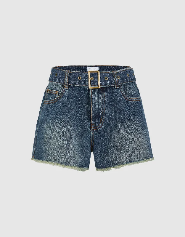 Raw Hem Denim Shorts With Belt