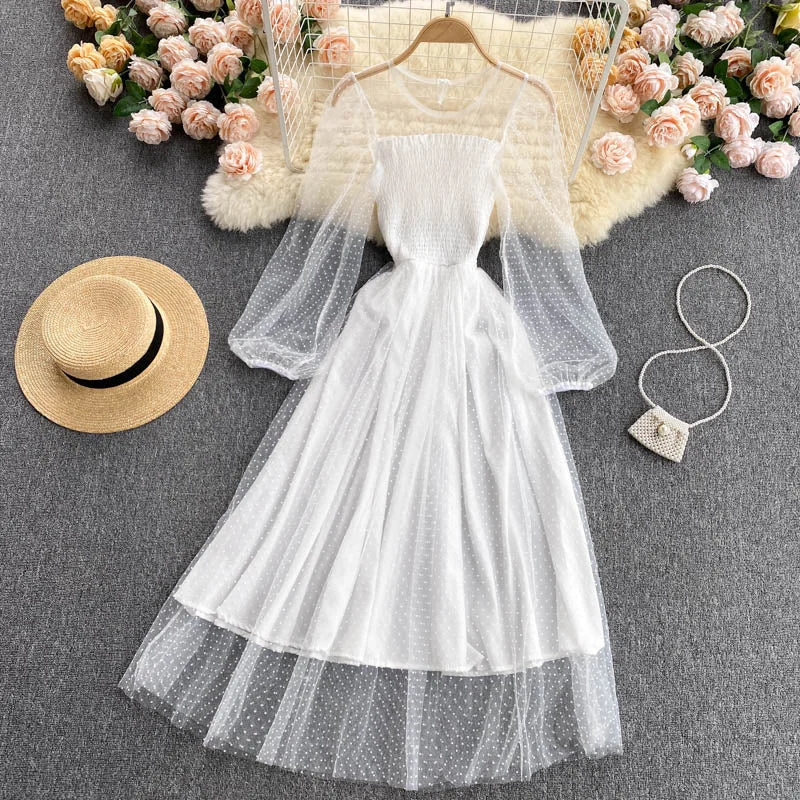 Cute A line tulle long sleeve dress fashion dress  627