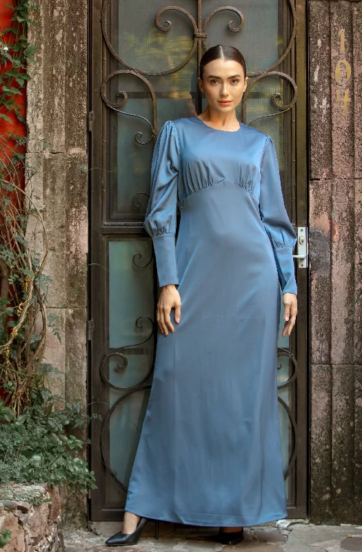 Light Blue Satin Long Sleeve Maxi Dress