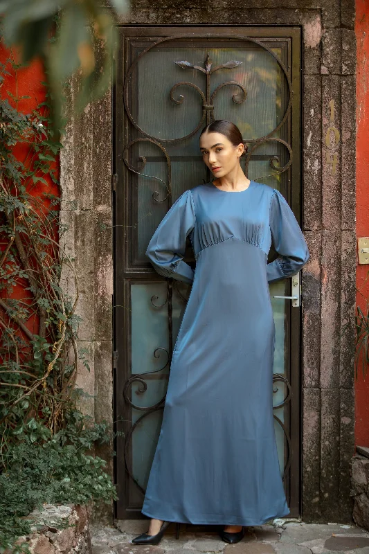 Light Blue Satin Long Sleeve Maxi Dress