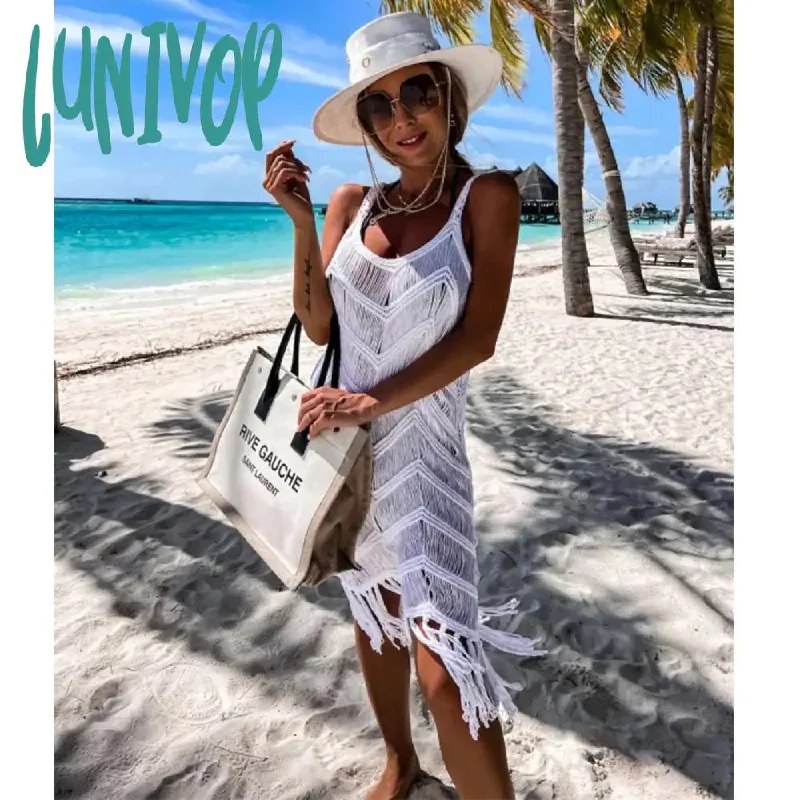 Lunivop White Crochet Tunic Bikini Cover-ups Sexy Hollow Out Dress Women Summer Clothes See Through Beach Wear Tassel Cover Up