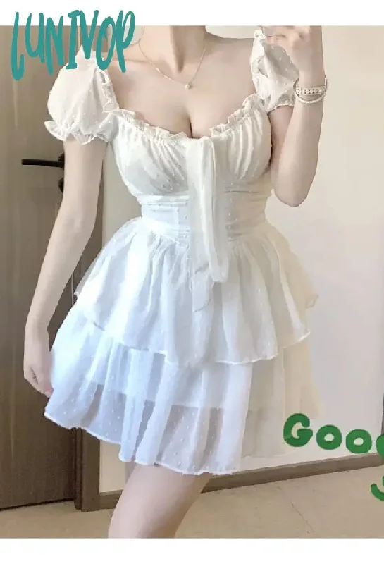 Lunivop White Sweet Kawaii Two Piece Set Women Bodycon Sexy Party Dress Set Female Korean Fashion Elegant Princess Dress Suit