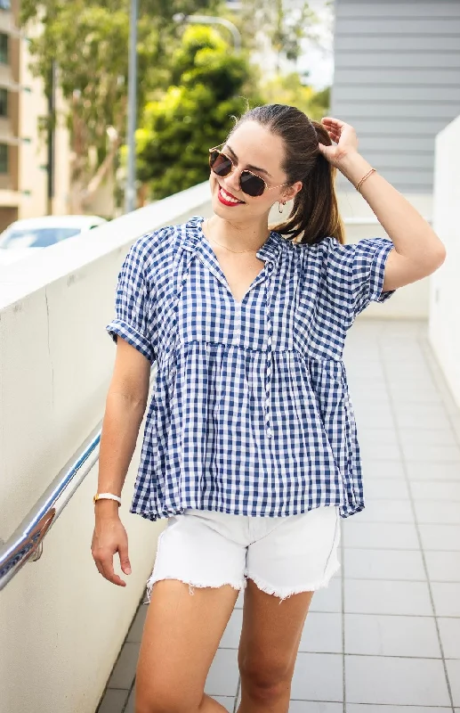 T1683A Women's Navy & White Gingham Top