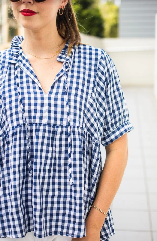 T1683A Women's Navy & White Gingham Top