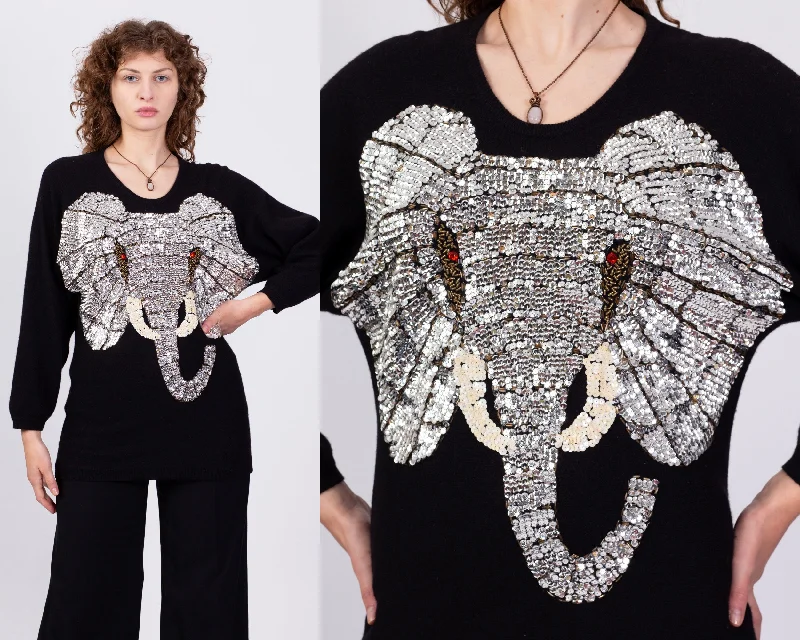 80s Black Angora Sequin Elephant Sweater - Small to Medium