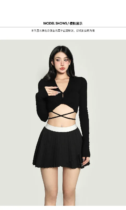 Alana Solid Color Black V-Neck Cut Out Long Sleeve Lace Up Slim Cropped Top