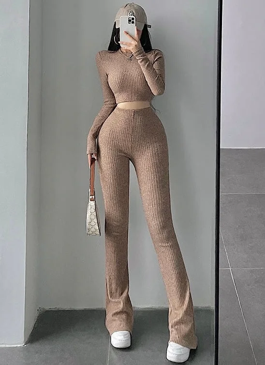 Alias Solid Color Ribbed Slim Long Sleeve Cropped Top High Waist Pants Matching Set