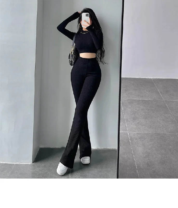 Alias Solid Color Ribbed Slim Long Sleeve Cropped Top High Waist Pants Matching Set