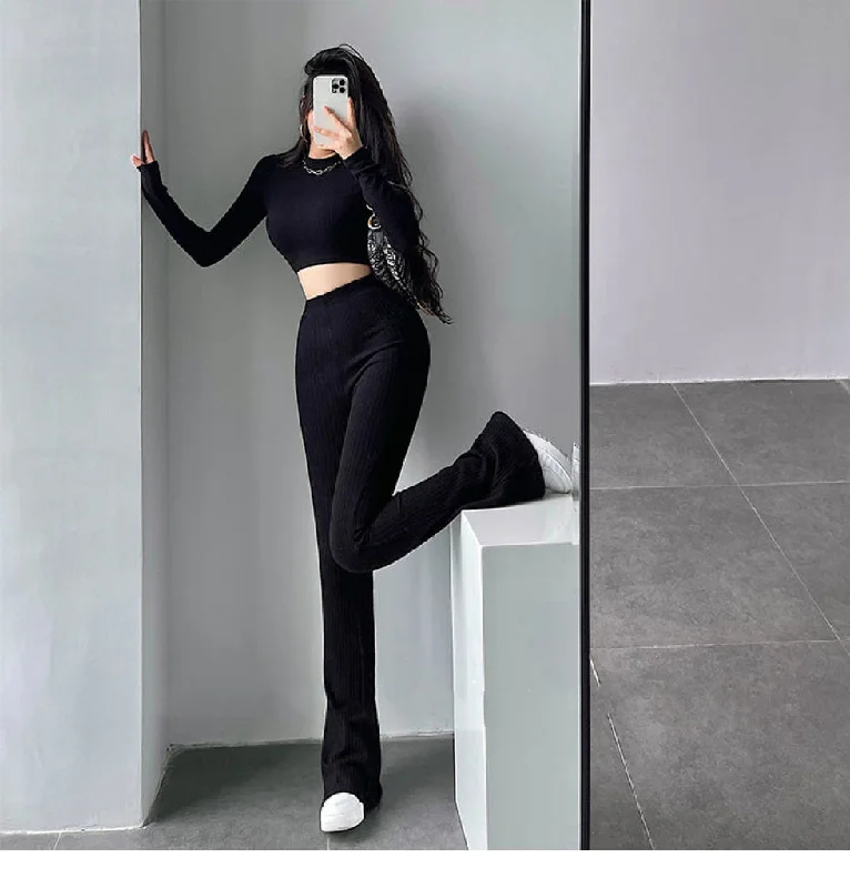 Alias Solid Color Ribbed Slim Long Sleeve Cropped Top High Waist Pants Matching Set