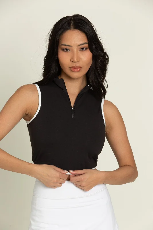 Black White Lined Half-Zip Crop Top