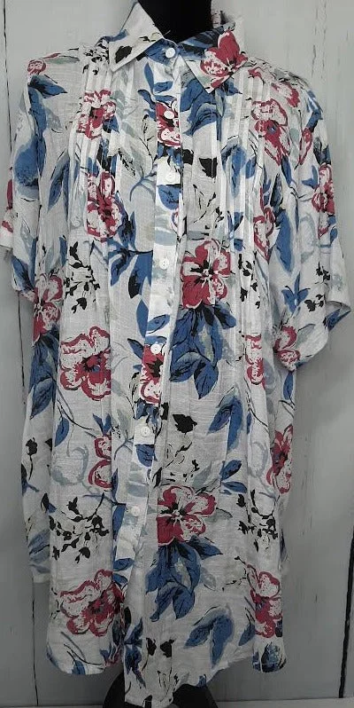 Shirt-Sheer Button Front Short Sleeve-Bright Floral -Women's