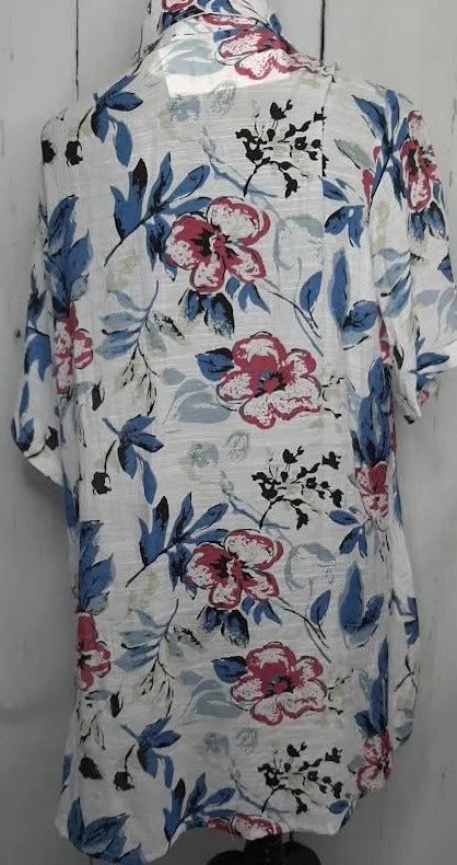 Shirt-Sheer Button Front Short Sleeve-Bright Floral -Women's