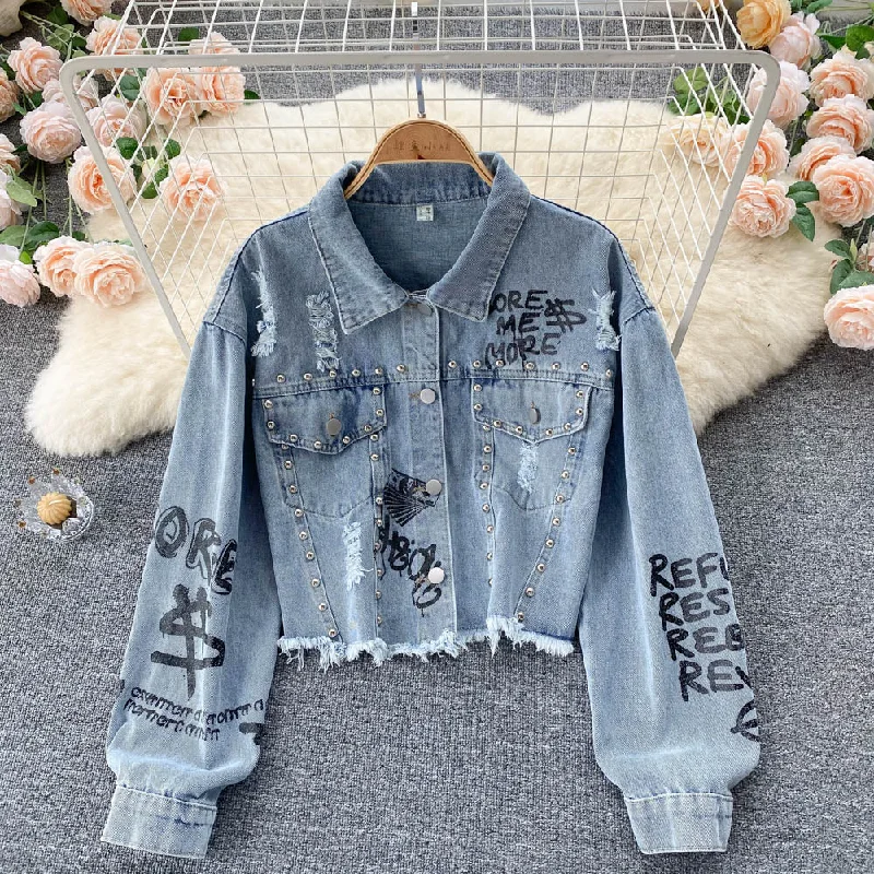 Denim Jacket Women's pierced burr jacket  1520