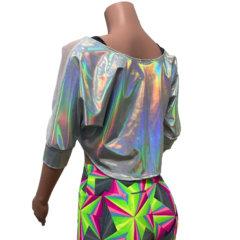 Dolman Crop Top in Opal Holographic and White Mesh | Loose Tee Rave Top