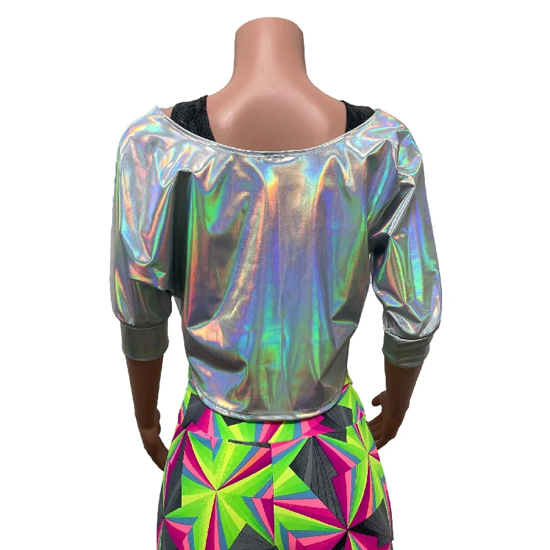 Dolman Crop Top in Opal Holographic and White Mesh | Loose Tee Rave Top