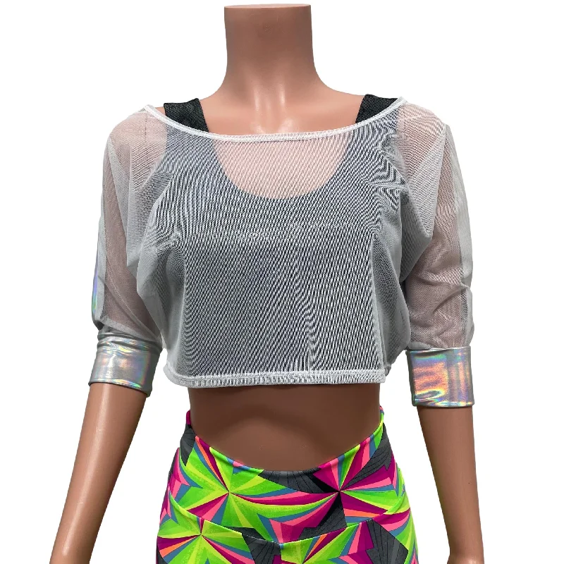 Dolman Crop Top in Opal Holographic and White Mesh | Loose Tee Rave Top