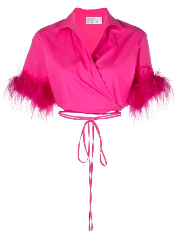 Feather-trim wrap top in fuchsia