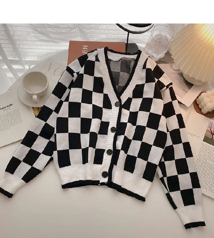 Korean retro versatile casual V-Neck long sleeve Plaid top  6559