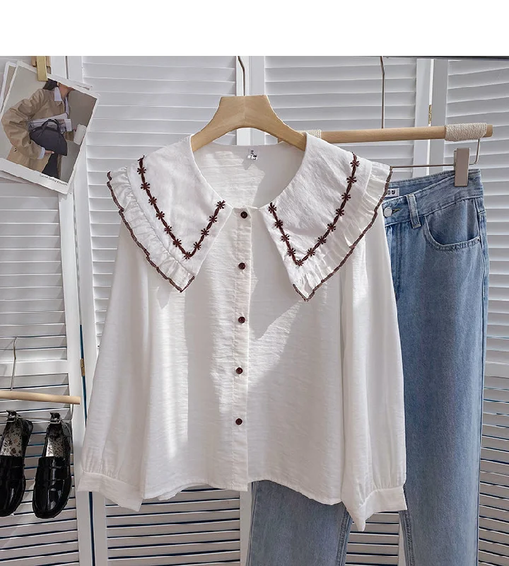 Korean version of thin Hong Kong style retro art doll collar single breasted top  6402