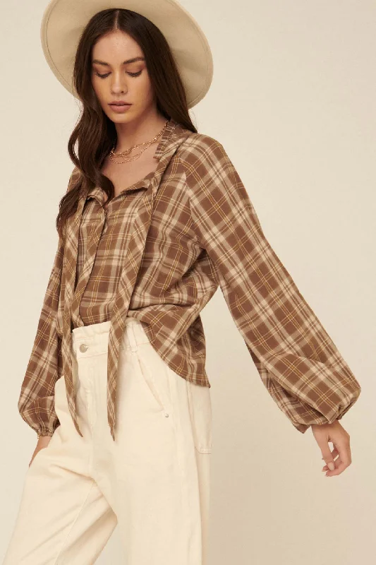 Lush Crush Oversized Plaid Tie-Neck Peasant Top