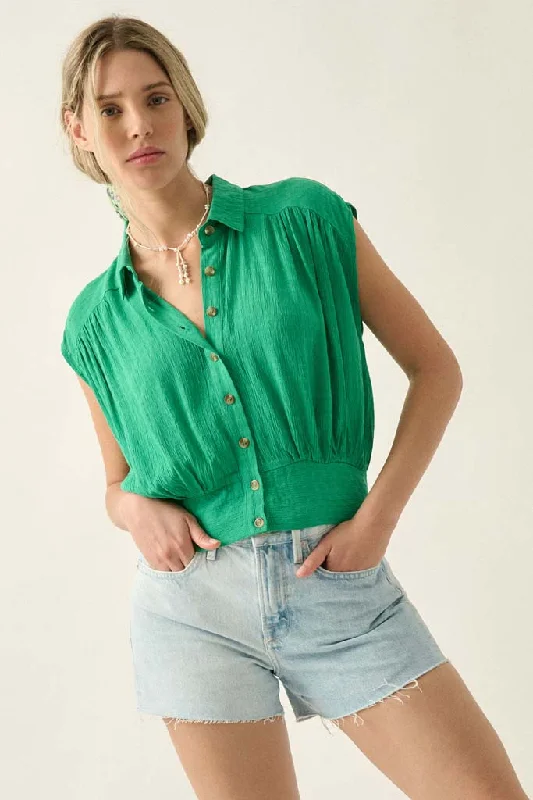 Make My Day Jacquard Sleeveless Button-Up Top