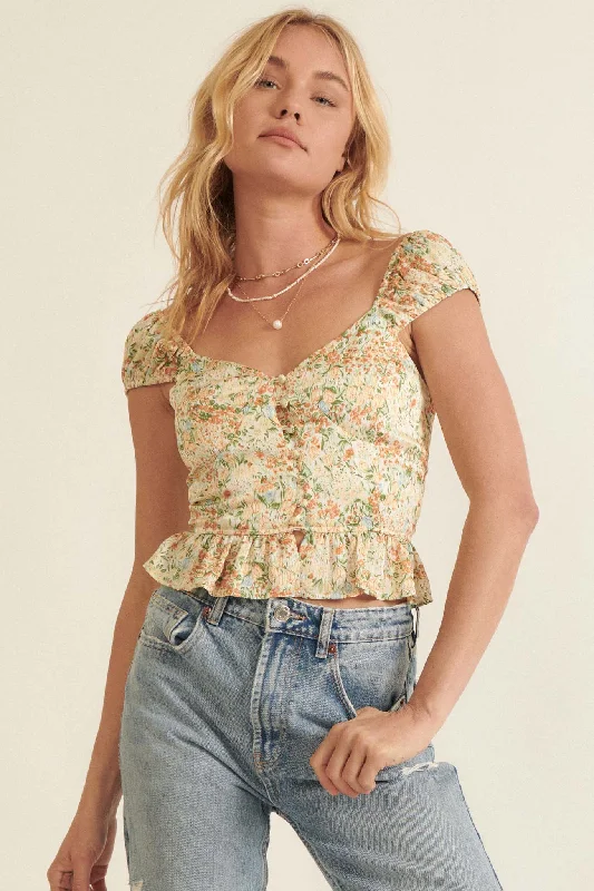 Meadow Bright Ruffled Floral Crop Top