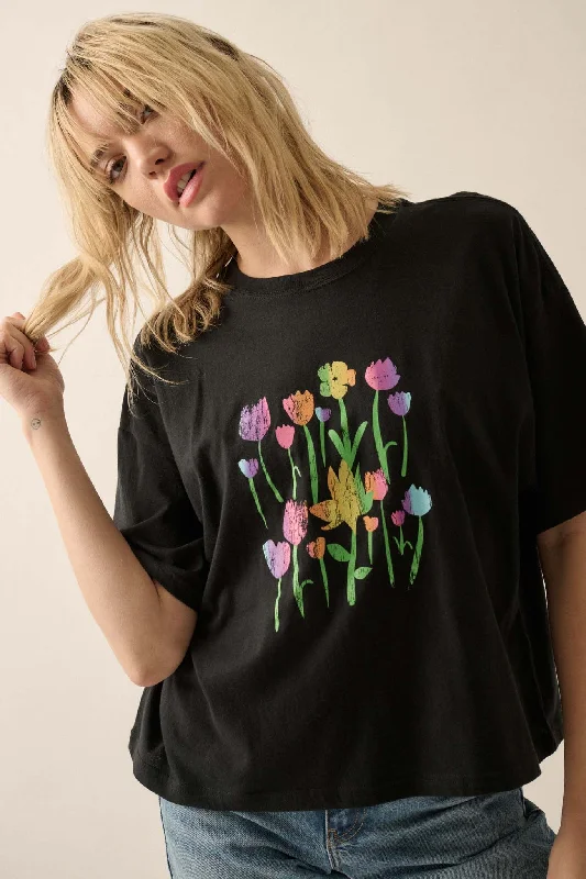 Prismatic Blooms Vintage-Print Flower Graphic Tee