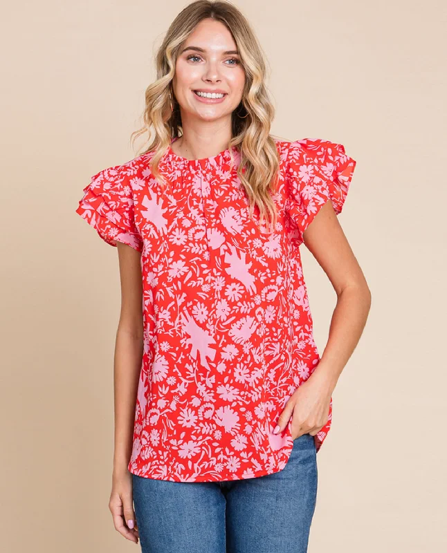 Ruffle Sleeve Floral Print Top