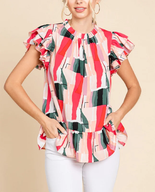 Ruffle Sleeve Printed Blouse