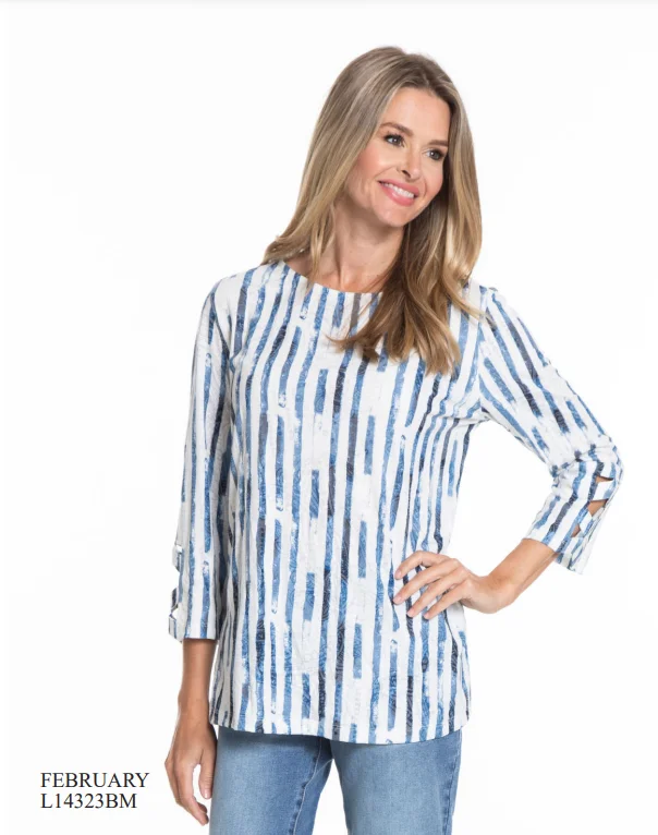 Top-Women's-Blue/White Stripe Knit With Sleeve D-l14323tm