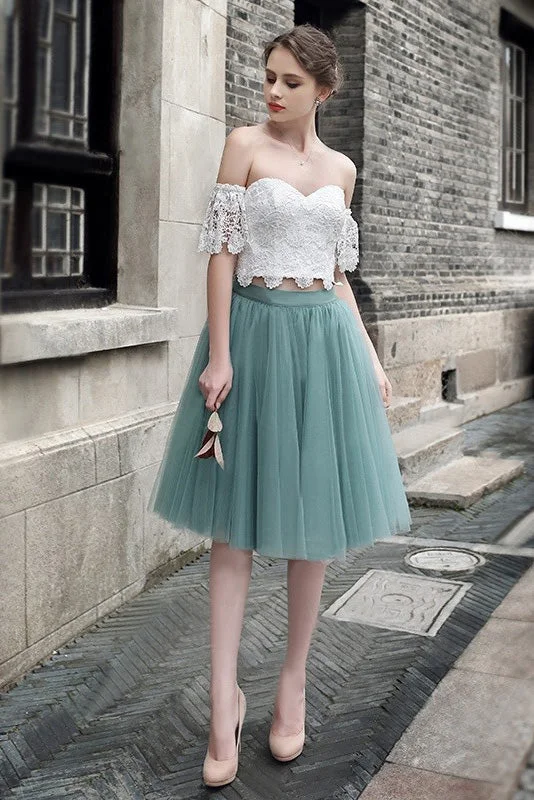 A-line White Lace Off Shoulder Two Pieces Homecoming Dresses,Elegant Tulle Short Prom Dress OK392