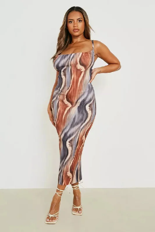 Abstract Plisse Cowl Neck Midi Dress