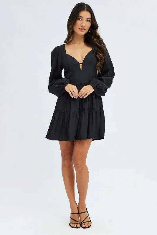 Black Fit And Flare Dress Long Sleeve Mini