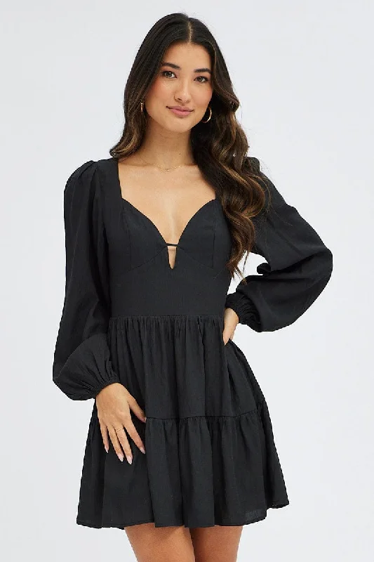 Black Fit And Flare Dress Long Sleeve Mini