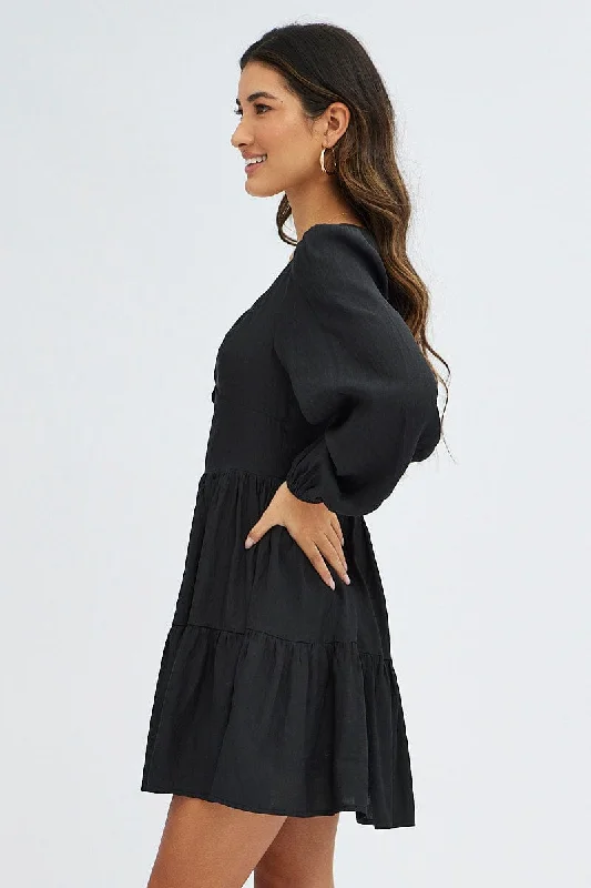 Black Fit And Flare Dress Long Sleeve Mini