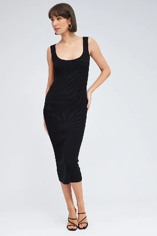 Black Knit Midi Dress Square Neck Sleeveless