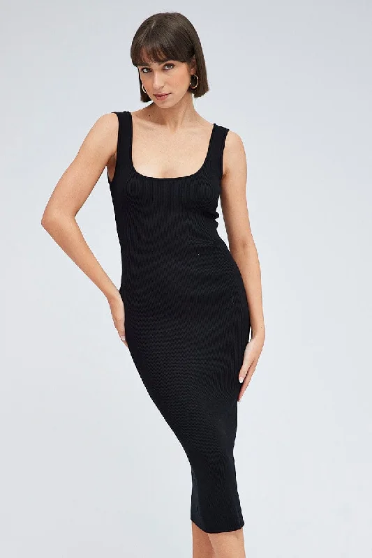 Black Knit Midi Dress Square Neck Sleeveless