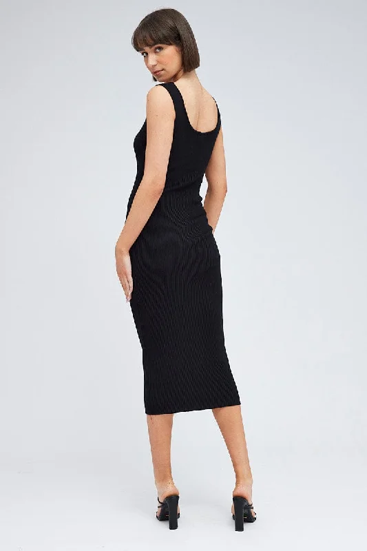 Black Knit Midi Dress Square Neck Sleeveless