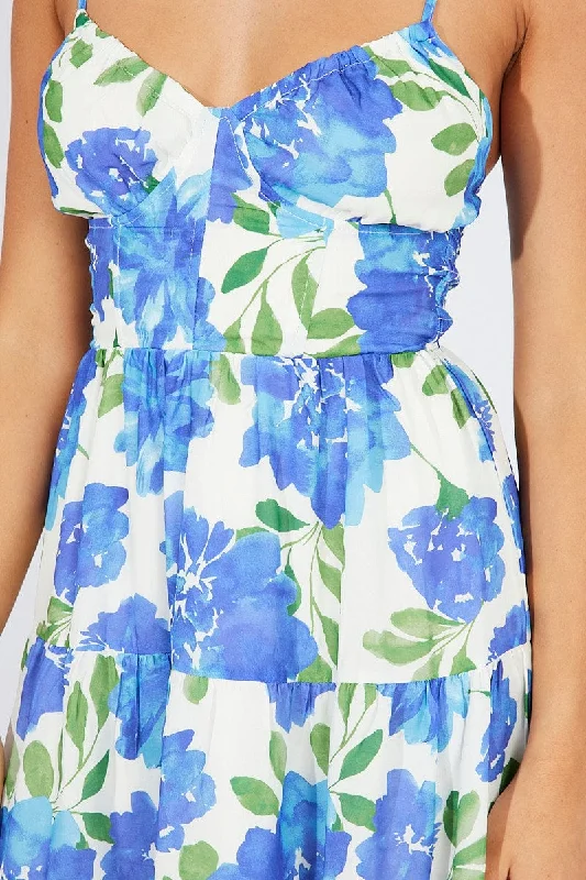 Blue Floral Fit And Flare Dress Mini