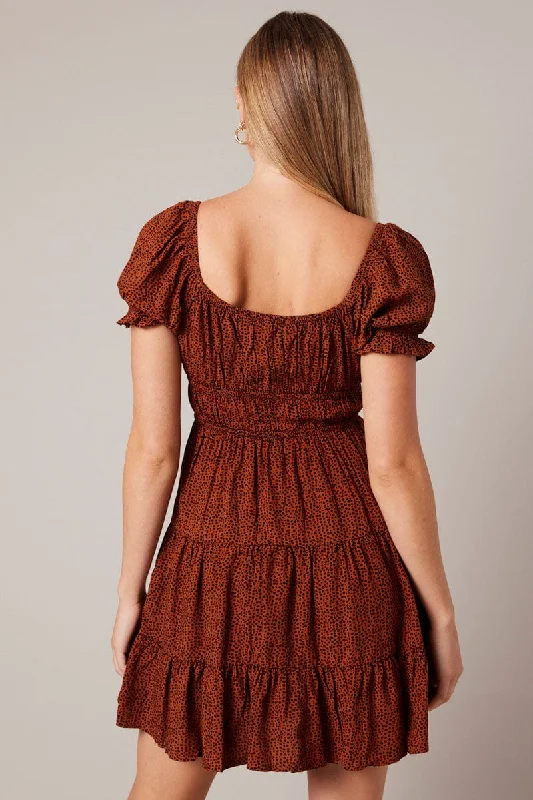 Brown Geo Fit And Flare Dress Puff Sleeve Mini