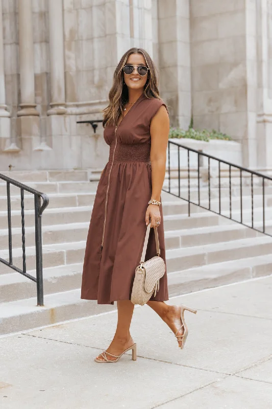 Cap Sleeve Smocked Front Zip Shirt Dress - Brown