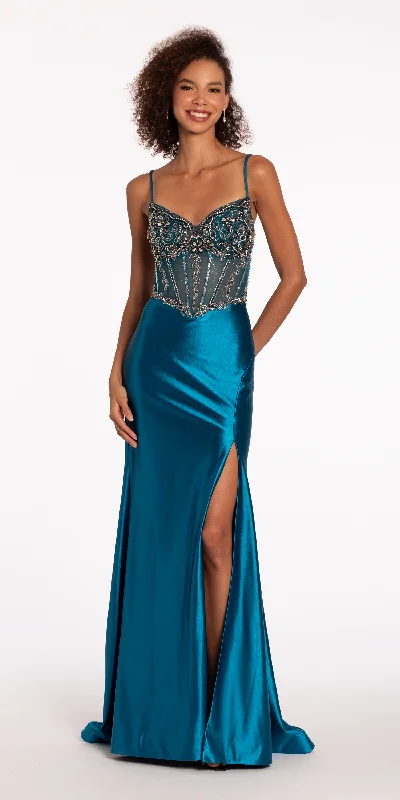 Double X Back Sweetheart Embellished Corset Trumpet Dress with Side Slit