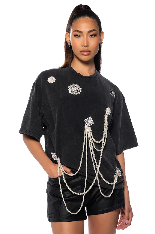 DRIPPING IN JEWELS EMBELLISHED T SHIRT IN HEATHER GREY