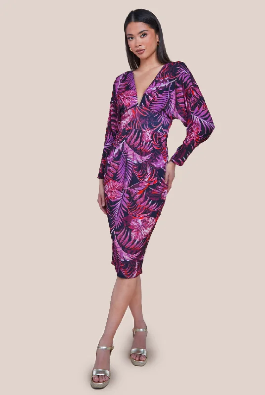 Goddiva Tropical Print Midi With Batwing Sleeves - Purple