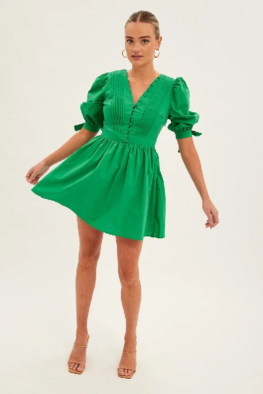 Green Button Dress Puff Sleeve V Neck Cotton