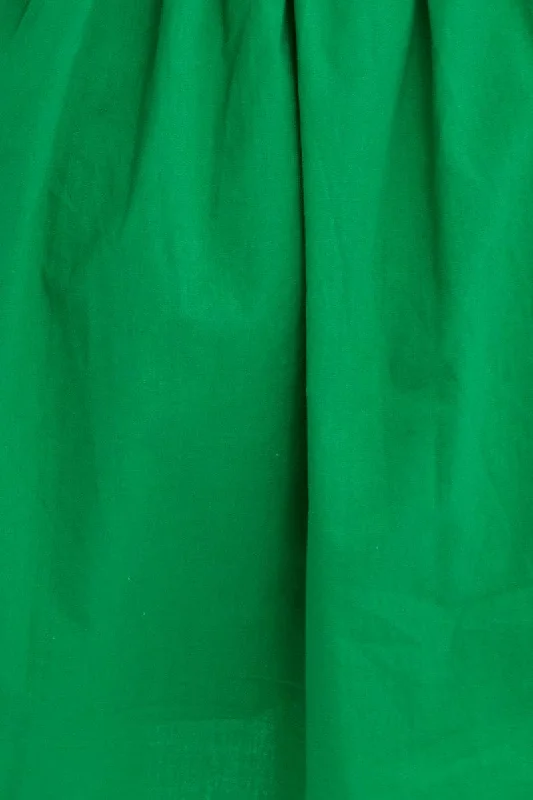 Green Button Dress Puff Sleeve V Neck Cotton