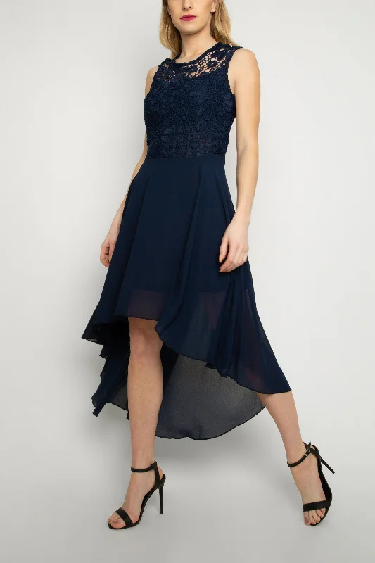 Lace Embroidered High Low Dress in Navy