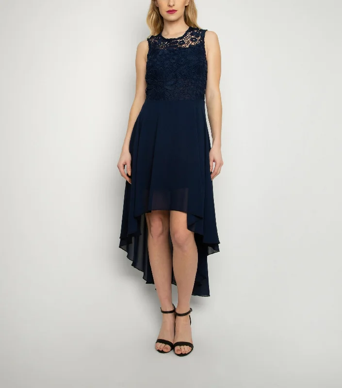 Lace Embroidered High Low Dress in Navy