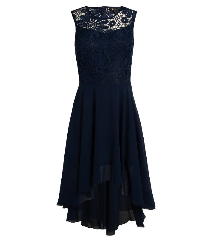 Lace Embroidered High Low Dress in Navy