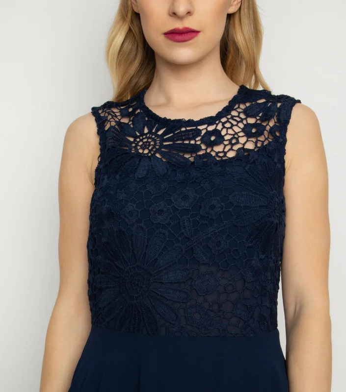 Lace Embroidered High Low Dress in Navy